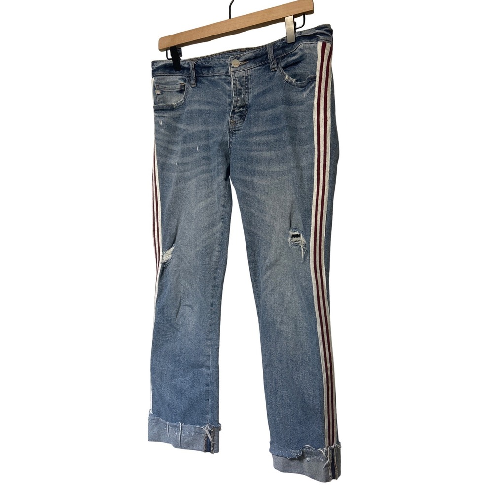 Dear John Tracksuit Stripe Distressed Cropped Jeansโ Blue White Women's Size 28